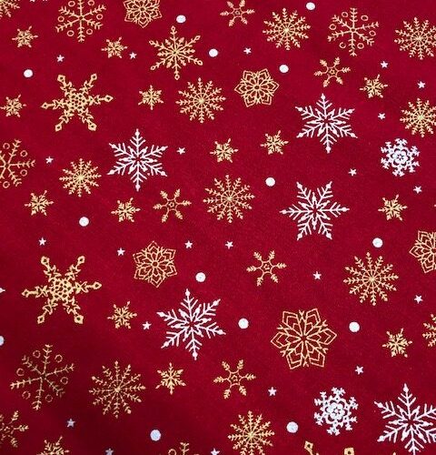 Red with Metallic Snowflakes - 100% Cotton