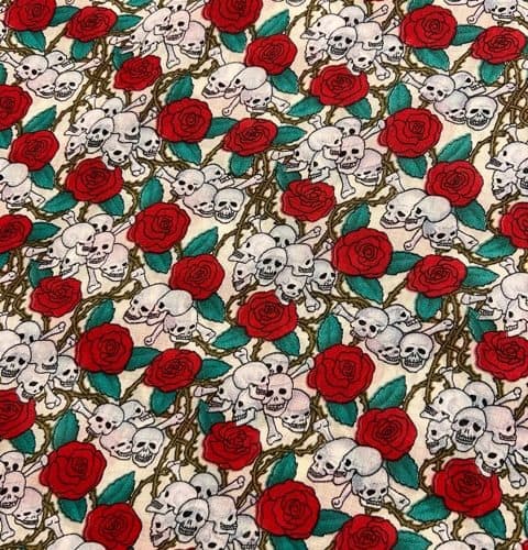 Skulls and red roses cotton poplin